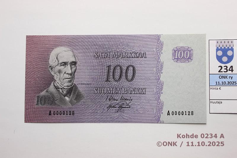 k-0234-a.jpg - Kohde 234 (kuva 1/2), l�ht�hinta: 150 &euro; / myyntihinta: 150 &euro; 100 mk 1963 SNY 183.1.1 A0000128 WAR-AAs, pieni n:o, kunto: 9