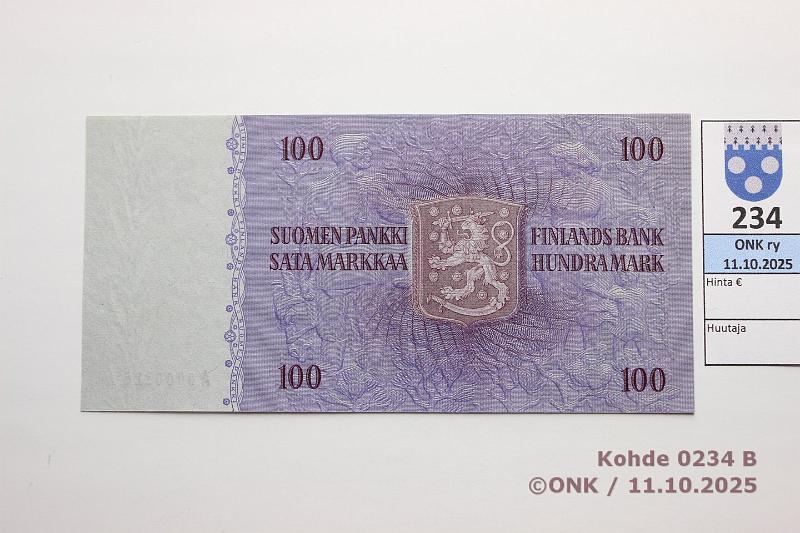 k-0234-b.jpg - Kohde 234 (kuva 2/2), l�ht�hinta: 150 &euro; / myyntihinta: 150 &euro; 100 mk 1963 SNY 183.1.1 A0000128 WAR-AAs, pieni n:o, kunto: 9