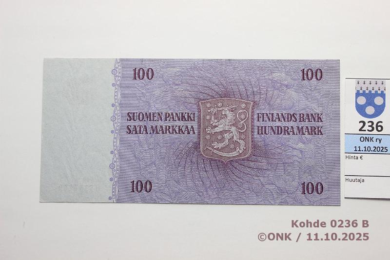 k-0236-b.jpg - Kohde 236 (kuva 2/2), l�ht�hinta: 50 &euro; / myyntihinta: 60 &euro; 100 mk 1963 SNY 183.1.1 B5357469 KA I-AAs, painumia, ei taitteita, kunto: 8