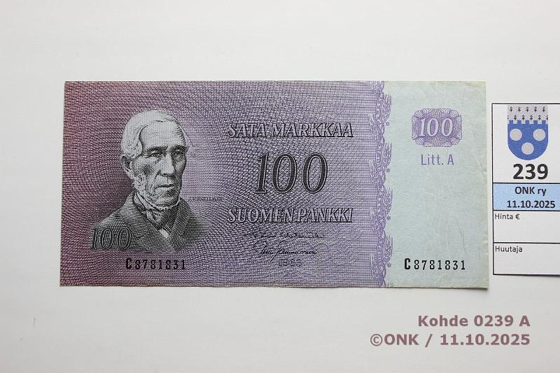 k-0239-a.jpg - Kohde 239, l�ht�hinta: 15 &euro; / myyntihinta: 15 &euro; 100 mk 1963 LA SNY 183.3.1 C8781831 HET-Tam, matta, kunto: 5