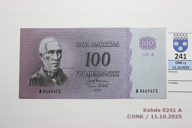 k-0241-a.jpg - Kohde 241 (kuva 1/2), l�ht�hinta: 45 &euro; / myyntihinta: 45 &euro; 100 mk 1963 LA SNY 183.3.1 A0665672 LEI-He�, painumia, kunto: 9