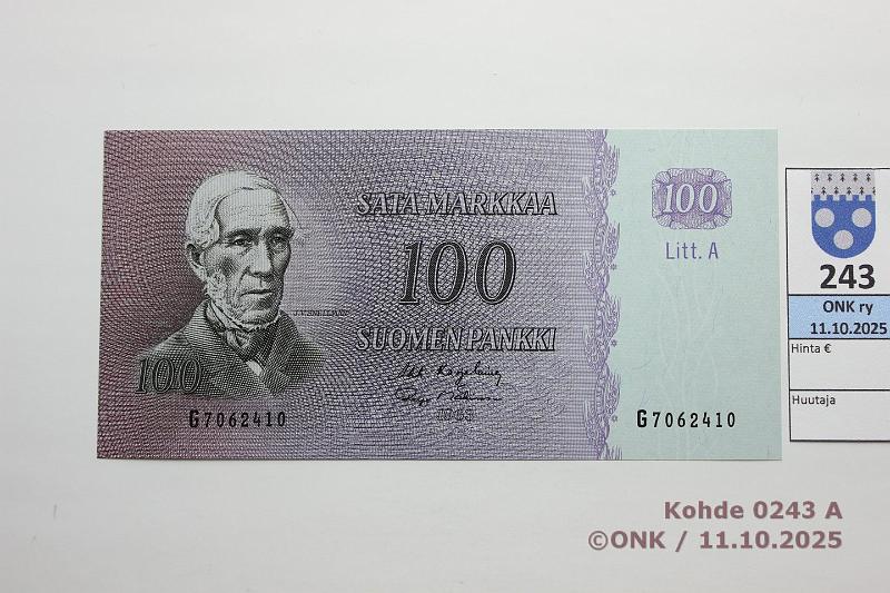 k-0243-a.jpg - Kohde 243 (kuva 1/2), l�ht�hinta: 45 &euro; / myyntihinta: 46 &euro; 100 mk 1963 LA SNY 183.3.1 G7062410 KA I-M�1, kunto: 9