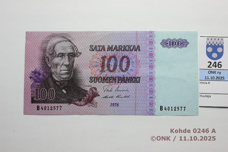 k-0246-a.jpg - Kohde 246 (kuva 1/2), l�ht�hinta: 18 &euro; / myyntihinta: 18 &euro; 100 mk 1976 SNY 184.1.1 B4012577 UUS-Pu1, kunto: 6