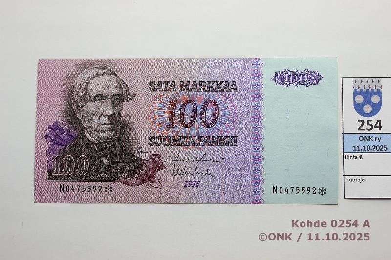 k-0254-a.jpg - Kohde 254, l�ht�hinta: 30 &euro; / ei tarjouksia 100 mk 1976 N* SNY 184.2.4 N0475592* HOL-Va1, korvaava, matta, laineita, kunto: 7