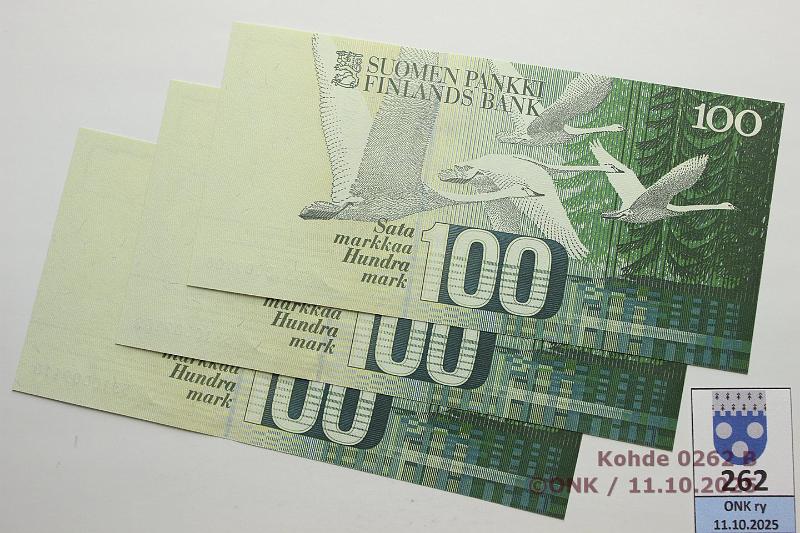 k-0262-b.jpg - Kohde 262 (kuva 2/2), l�ht�hinta: 50 &euro; / myyntihinta: 57 &euro; 100 mk 1986 LA (3) SNY 185.3 5310009108-10 H� II-Ko2, 3 per�k., painumaa, kunto: 9