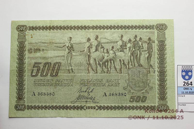 k-0264-a.jpg - Kohde 264 (kuva 1/2), l�ht�hinta: 1000 &euro; / ei tarjouksia 500 mk 1922 SNY 189.1.1 A368380 RYT-M�l, ilman laatta n:o, ptahra, kunto: 4