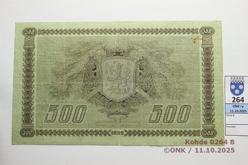 k-0264-b.jpg - Kohde 264 (kuva 2/2), l�ht�hinta: 1000 &euro; / ei tarjouksia 500 mk 1922 SNY 189.1.1 A368380 RYT-M�l, ilman laatta n:o, ptahra, kunto: 4