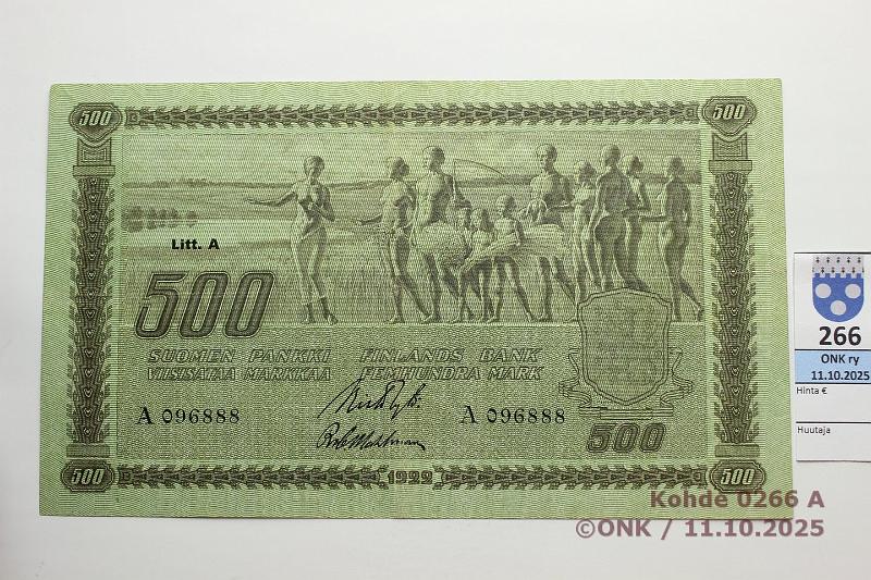 k-0266-a.jpg - Kohde 266 (kuva 1/2), l�ht�hinta: 7000 &euro; / ei tarjouksia 500 mk 1922 LA SNY 189.2 A096888 RYT-Wah, ex-Ekman, eritt. harvinainen, poikkeuksellinen kunto!, kunto: 6