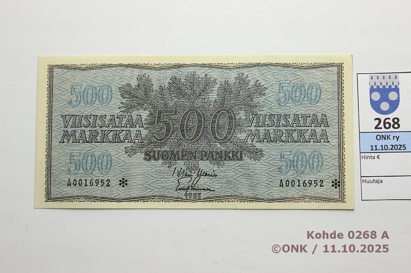 k-0268-a.jpg - Kohde 268 (kuva 1/2), l�ht�hinta: 700 &euro; / ei tarjouksia 500 mk 1955 A* SNY 191.2 A0016952* WAR-Lei, korvaava, painuma, kunto: 9