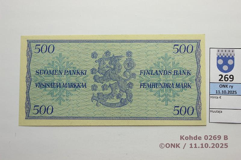 k-0269-b.jpg - Kohde 269 (kuva 2/2), l�ht�hinta: 180 &euro; / myyntihinta: 180 &euro; 500 mk 1956 SNY 192.1.1 A1780656 WAR-Eng, keltainen paperi, kunto: 9