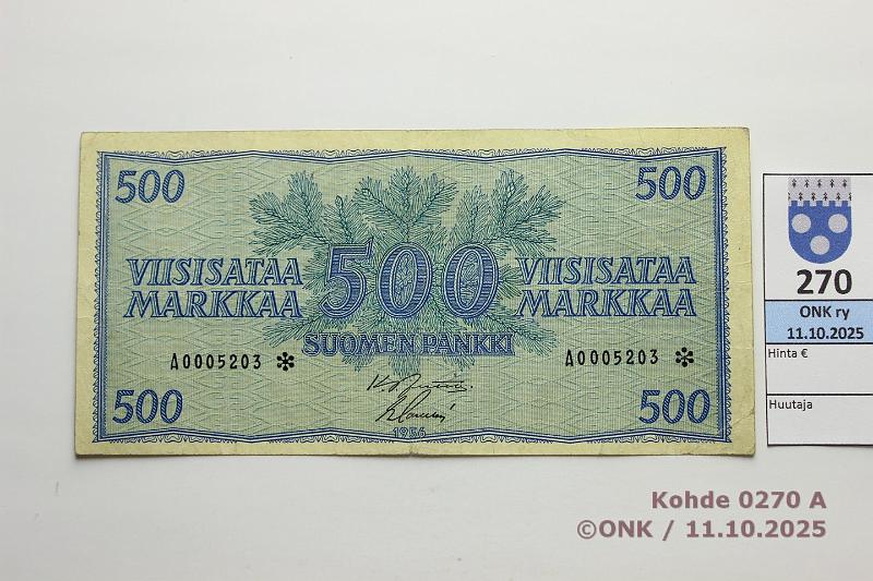 k-0270-a.jpg - Kohde 270 (kuva 1/2), l�ht�hinta: 450 &euro; / ei tarjouksia 500 mk 1956 A* SNY 192.2 A0005203* JUT-Sac, korvaava, pr�ss�tty, kunto: 5