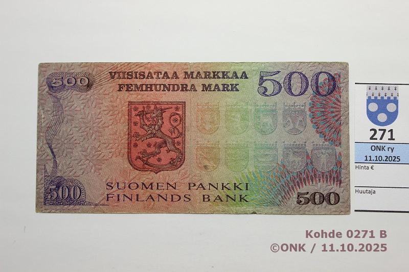 k-0271-b.jpg - Kohde 271 (kuva 2/2), l�ht�hinta: 100 &euro; / ei tarjouksia 500 mk 1975 SNY 193.1.1 A1387171 SIM-Vou, musta lanka, pr�ss�tty, kunto: 5