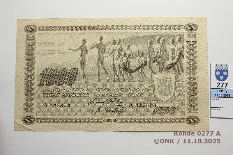 k-0277-a.jpg - Kohde 277 (kuva 1/2), l�ht�hinta: 2000 &euro; / myyntihinta: 2000 &euro; 1000 mk 1922 SNY 197.1.1 A326873 GR� I-The, ilman laattan:oa, matta, kunto: 6