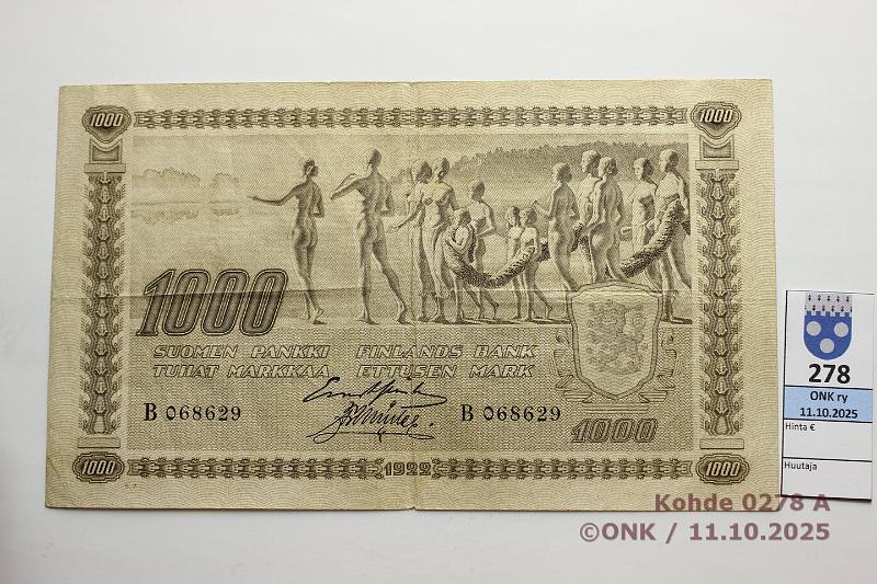 k-0278-a.jpg - Kohde 278 (kuva 1/2), l�ht�hinta: 2700 &euro; / myyntihinta: 2700 &euro; 1000 mk 1922 SNY 197.1.2 B068629 GR� I-M�l, laattan:o, eprep, kunto: 5