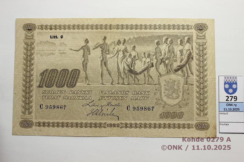 k-0279-a.jpg - Kohde 279 (kuva 1/2), l�ht�hinta: 60 &euro; / myyntihinta: 60 &euro; 1000 mk 1922 LC tI SNY 197.3.1 C959867 HEU-Als, pr�ss�tty, eprep�, tp hieman likaa, kunto: 5