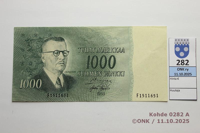 k-0282-a.jpg - Kohde 282 (kuva 1/2), l�ht�hinta: 50 &euro; / ei tarjouksia 1000 mk 1955 SNY 200.1.1 F1511651 SIM-AAs, vl1, kunto: 6