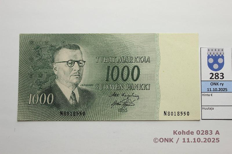 k-0283-a.jpg - Kohde 283 (kuva 1/2), l�ht�hinta: 50 &euro; / ei tarjouksia 1000 mk 1955 SNY 200.1.1 N8018550 KA I-AAs, vl1, kunto: 7