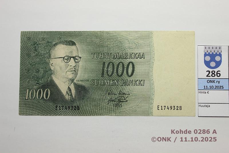 k-0286-a.jpg - Kohde 286 (kuva 1/2), l�ht�hinta: 80 &euro; / ei tarjouksia 1000 mk 1955 SNY 200.1.3 E1749328 WAR-AAs, vl2, matta, eprep, kunto: 6