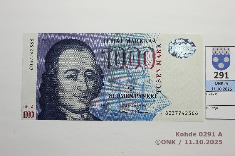 k-0291-a.jpg - Kohde 291 (kuva 1/2), l�ht�hinta: 150 &euro; / myyntihinta: 150 &euro; 1000 mk 1986 LA SNY 201.3.1 8037742366 KU II-M�1, painuma, kunto: 9