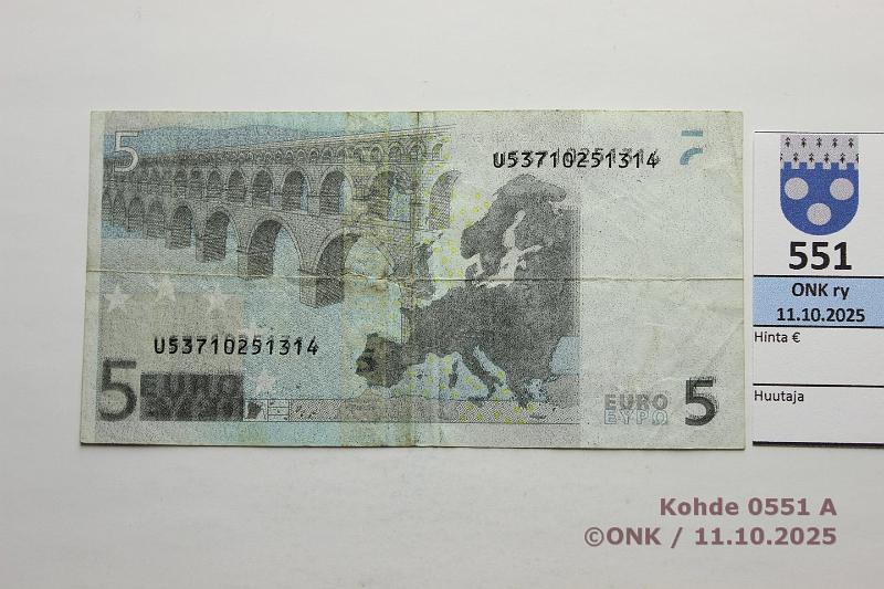 k-0551-a.jpg - Kohde 551 (kuva 1/2), l�ht�hinta: 100 &euro; / myyntihinta: 100 &euro; Ranska 5 &euro; 1/2/U/L27 U53710251314 L027 C6 Tri, kaksoispainanta taustapuolella, var A, kunto: 4