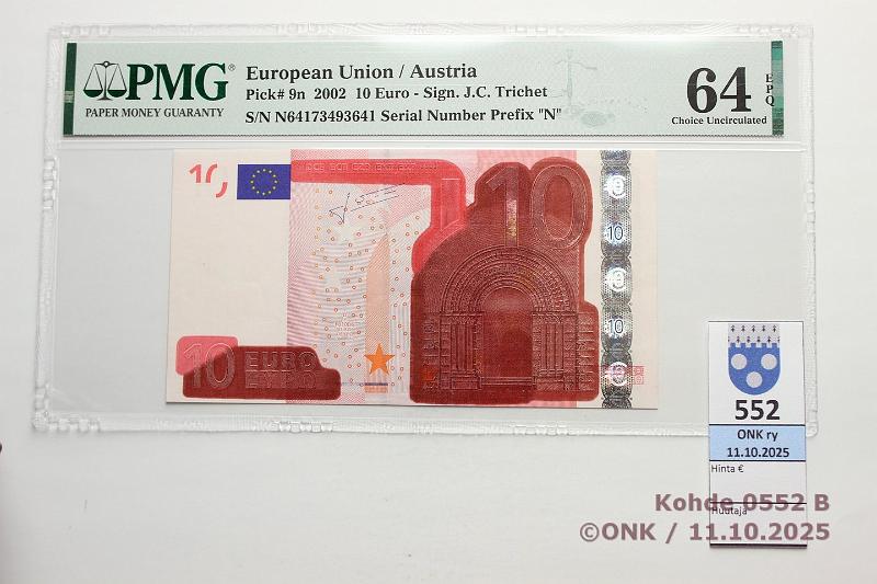 k-0552-b.jpg - Kohde 552 (kuva 2/2), l�ht�hinta: 4000 &euro; / ei tarjouksia It�valta 10 &euro; 2/2/N/F10 N64173493641 F010 D6 Tri, PMG-slabissa 64, v�rit levinneet ak-puolella, tunnetaan 3 kpl, kunto: 9