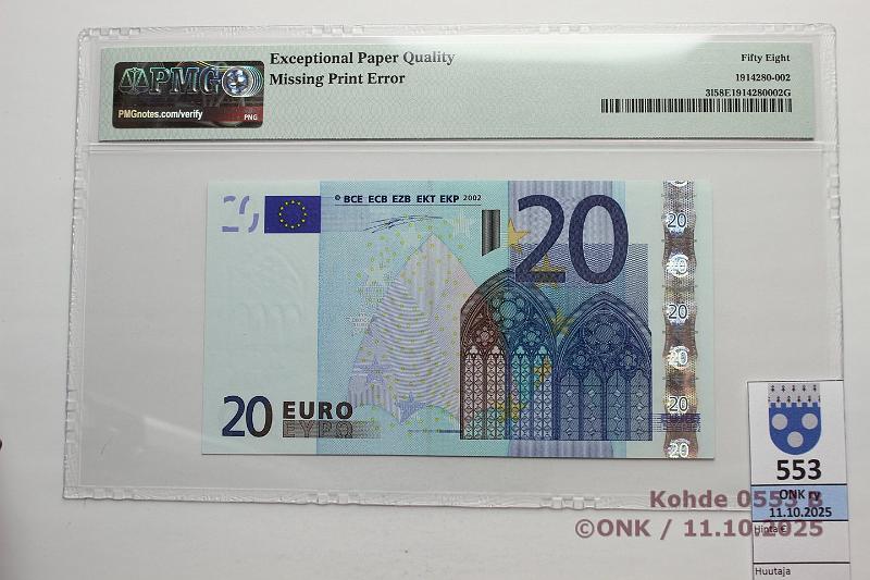 k-0553-b.jpg - Kohde 553 (kuva 2/2), l�ht�hinta: 1000 &euro; / ei tarjouksia Suomi 20 &euro; 3/1/L/D1 L02228900441 D001 C5 Dui, PMG-slabissa 58, helmi�isnauha puuttuu, kunto: 8