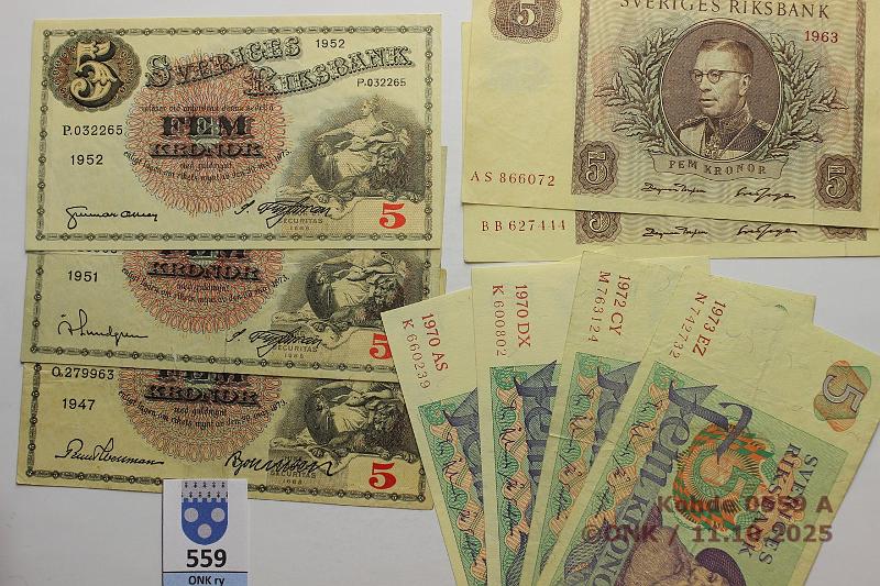 k-0559-a.jpg - Kohde 559 (kuva 1/2), l�ht�hinta: 55 &euro; / myyntihinta: 55 &euro; Ruotsi 5 kr (22) 1947-81, P#33, 50, 51 1947, -51, -52, 63(2), -70(2), -72, -73, -77(2), -78(4), -79, -81(6). Pakkasileit� 7 kpl, muut 4-8., kunto: 4-9