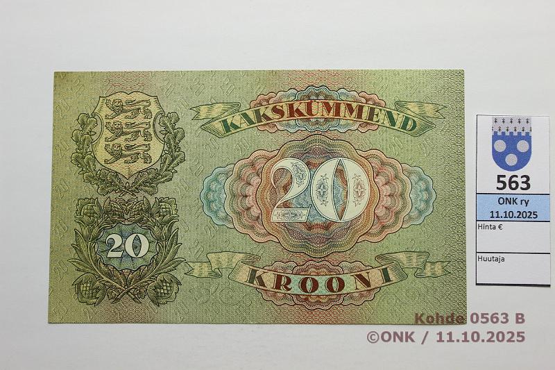 k-0563-b.jpg - Kohde 563 (kuva 2/2), l�ht�hinta: 45 &euro; / myyntihinta: 48 &euro; Viro 20 kr 1932 P#64, kunto: 9