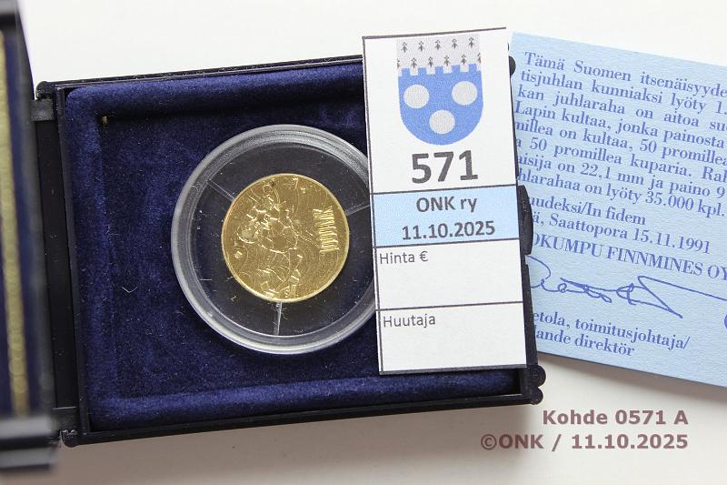 k-0571-a.jpg - Kohde 571 (kuva 1/2), l�ht�hinta: 500 &euro; / myyntihinta: 840 &euro; 1000 mk 1992 Au, Proof, 9g/900, Suomi 75 v, laatikko+tod, kunto: 10
