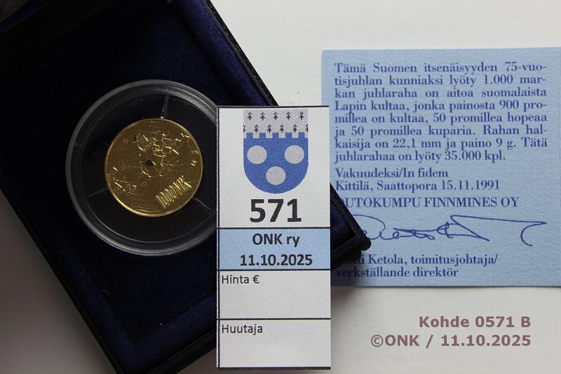 k-0571-b.jpg - Kohde 571 (kuva 2/2), l�ht�hinta: 500 &euro; / myyntihinta: 840 &euro; 1000 mk 1992 Au, Proof, 9g/900, Suomi 75 v, laatikko+tod, kunto: 10