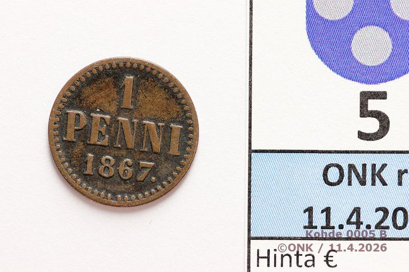 k-0005-b.jpg - Kohde 5 (kuva 2/2), l�ht�hinta: 10 &euro; / myyntihinta: 12 &euro; 1 p 1867 SNY 4.2, kunto: 4/5