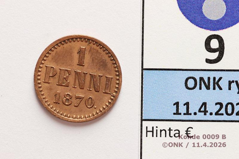 k-0009-b.jpg - Kohde 9 (kuva 2/2), l�ht�hinta: 70 &euro; / myyntihinta: 84 &euro; 1 p 1870 Voimakkaasti puhdistettu, kunto: 6