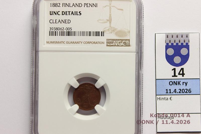 k-0014-a.jpg - Kohde 14 (kuva 1/4), l�ht�hinta: 100 &euro; / myyntihinta: 100 &euro;  1 p   1882   NGC-slabissa: UNC details, cleaned. Leimakiitoa ja patinaa , kunto:  7 