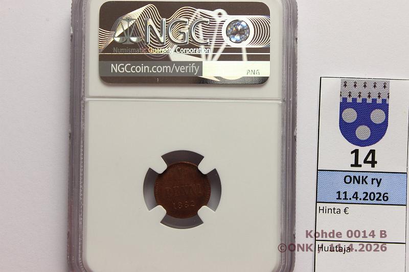 k-0014-b.jpg - Kohde 14 (kuva 2/4), l�ht�hinta: 100 &euro; / myyntihinta: 100 &euro;  1 p   1882   NGC-slabissa: UNC details, cleaned. Leimakiitoa ja patinaa , kunto:  7 