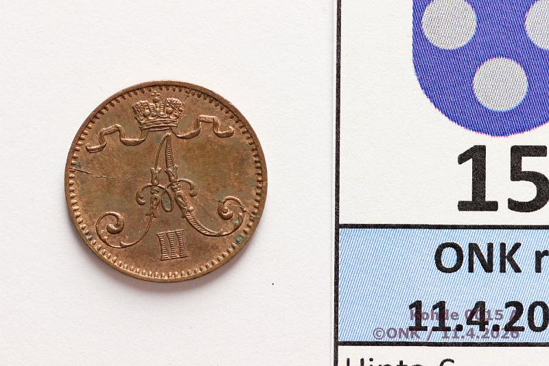 k-0015-a.jpg - Kohde 15 (kuva 1/4), l�ht�hinta: 160 &euro; / myyntihinta: 300 &euro;  1 p   1884   Leimakiiltoinen, hpja.   Vuosiluvun 4 uudelleenkaiverrettu / korjattu. T�st� ei aiempia havaintoja kirjallisuudessa. , kunto:  7/8 