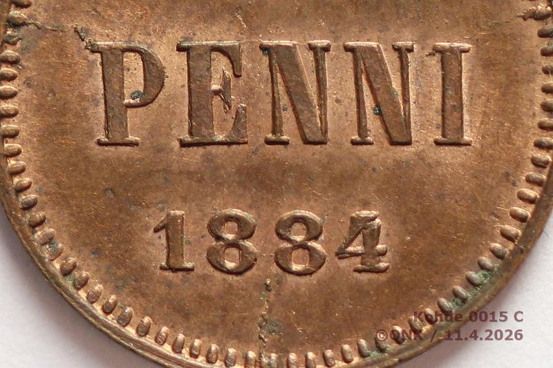 k-0015-c.jpg - Kohde 15 (kuva 3/4), l�ht�hinta: 160 &euro; / myyntihinta: 300 &euro;  1 p   1884   Leimakiiltoinen, hpja.   Vuosiluvun 4 uudelleenkaiverrettu / korjattu. T�st� ei aiempia havaintoja kirjallisuudessa. , kunto:  7/8 