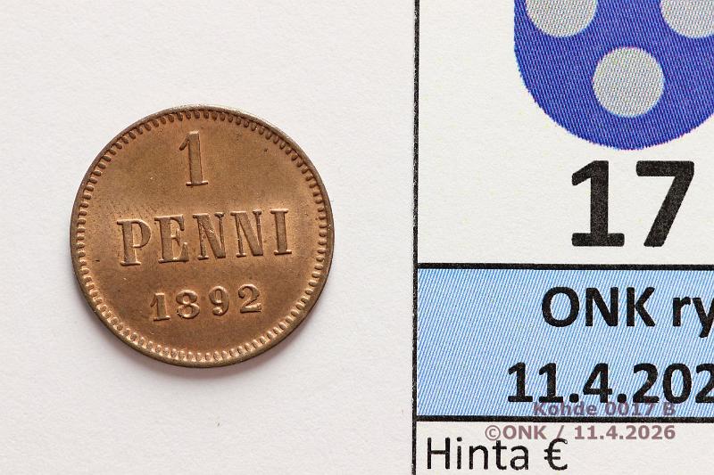 k-0017-b.jpg - Kohde 17 (kuva 2/2), l�ht�hinta: 15 &euro; / myyntihinta: 60 &euro; 1 p 1892 Leimakiiltoinen, hieman patinaa, kunto: 9