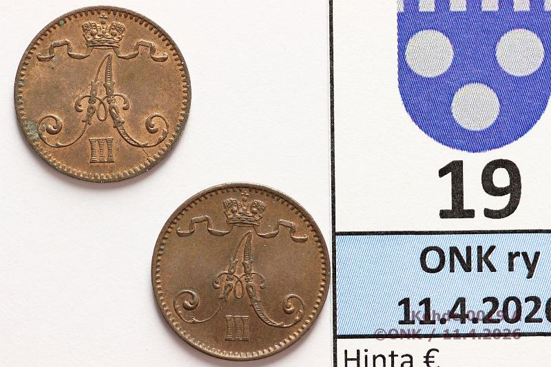 k-0019-a.jpg - Kohde 19 (kuva 1/2), l�ht�hinta: 30 &euro; / myyntihinta: 30 &euro; 1 p 1892, -94 Leimakiiltoa, patinaa, kunto: 8, 7