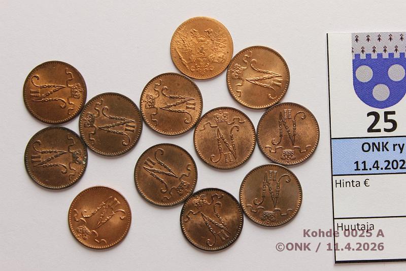 k-0025-a.jpg - Kohde 25 (kuva 1/2), l�ht�hinta: 15 &euro; / myyntihinta: 36 &euro; 1 p 1898-1917 (12): -98, -00 (2) , -01, -05, -06, -08, -09, -13, -15, -16, -17. Leimakiiltoisia, osassa patinaa, kunto: 7-9