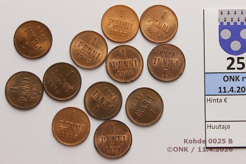 k-0025-b.jpg - Kohde 25 (kuva 2/2), l�ht�hinta: 15 &euro; / myyntihinta: 36 &euro; 1 p 1898-1917 (12): -98, -00 (2) , -01, -05, -06, -08, -09, -13, -15, -16, -17. Leimakiiltoisia, osassa patinaa, kunto: 7-9