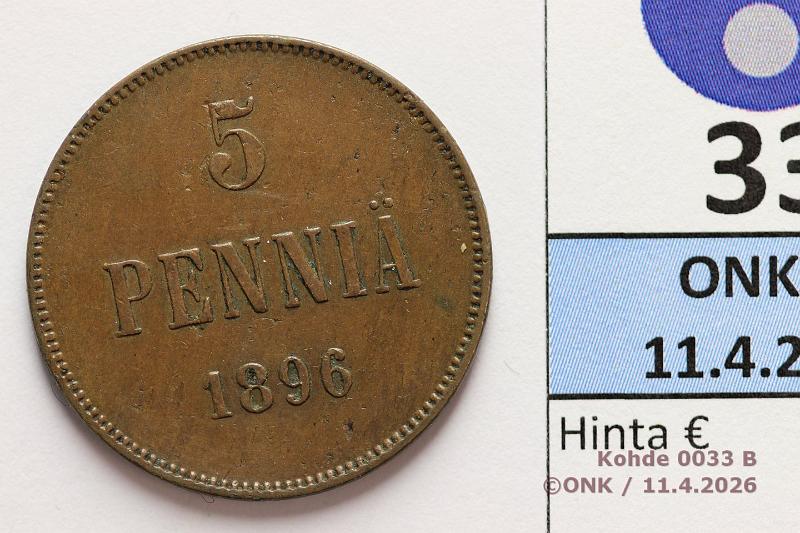 k-0033-b.jpg - Kohde 33 (kuva 2/2), l�ht�hinta: 5 &euro; / myyntihinta: 5 &euro; 5 p 1896 , kunto: 5/6
