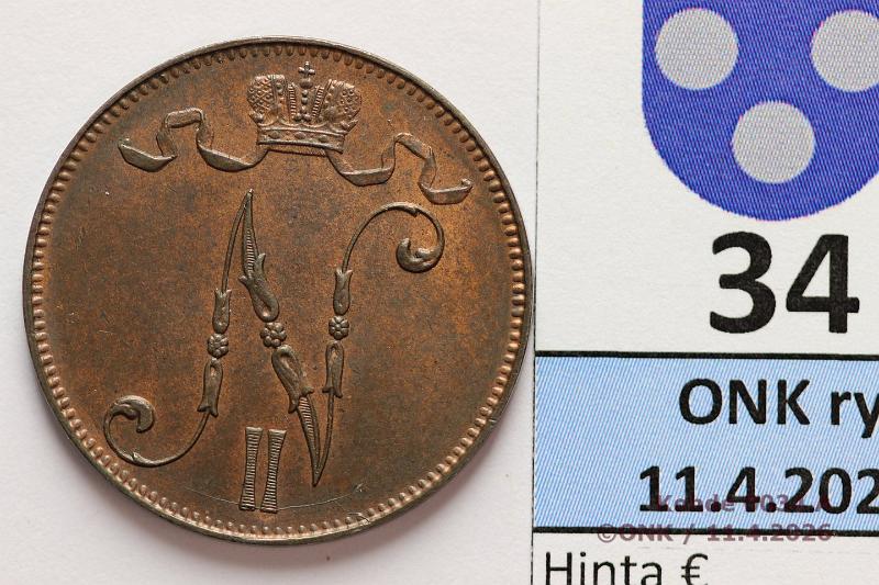 k-0034-a.jpg - Kohde 34 (kuva 1/2), l�ht�hinta: 50 &euro; / myyntihinta: 105 &euro; 5 p 1899 Aavistus leimakiiltoa, kunto: 7