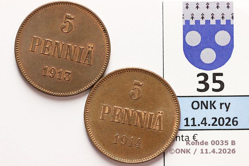 k-0035-b.jpg - Kohde 35 (kuva 2/2), l�ht�hinta: 30 &euro; / myyntihinta: 30 &euro; 5 p 1913, -14 Leimakiiltoa, patinaa, kunto: 7