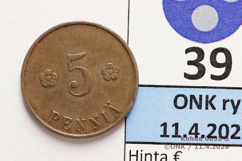 k-0039-b.jpg - Kohde 39 (kuva 2/2), l�ht�hinta: 40 &euro; / myyntihinta: 45 &euro; 5 p 1918 KV I SNY 94.1, eprv, kunto: 5/6