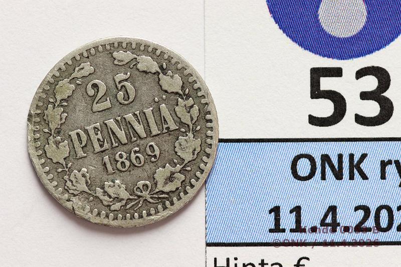 k-0053-b.jpg - Kohde 53 (kuva 2/2), l�ht�hinta: 15 &euro; / myyntihinta: 15 &euro; 25 p 1869 Ag, SNY 269.1.1, rvja, kunto: 3