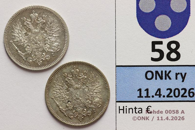 k-0058-a.jpg - Kohde 58 (kuva 1/2), l�ht�hinta: 15 &euro; / ei tarjouksia 25 p 1907, -09 Ag, 1909 pieni metallivika, kunto: 8, 7/8