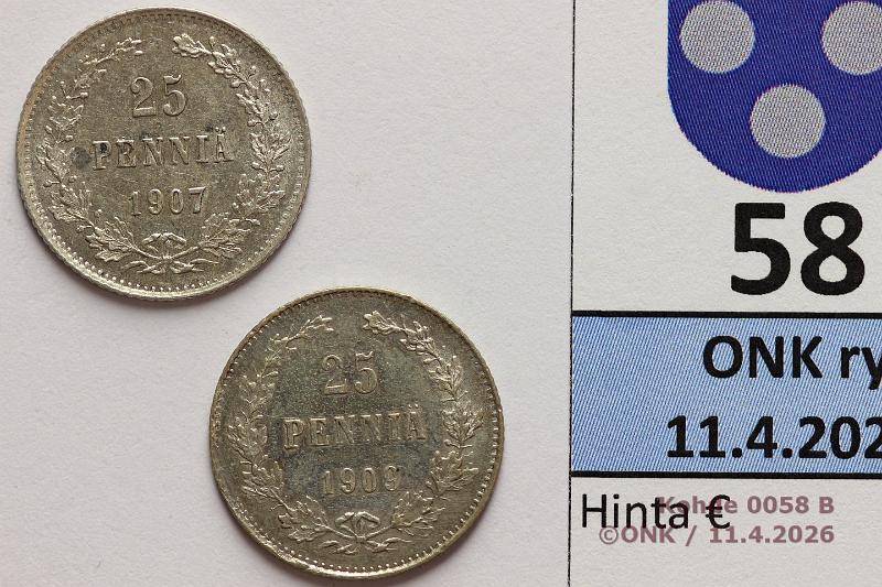 k-0058-b.jpg - Kohde 58 (kuva 2/2), l�ht�hinta: 15 &euro; / ei tarjouksia 25 p 1907, -09 Ag, 1909 pieni metallivika, kunto: 8, 7/8