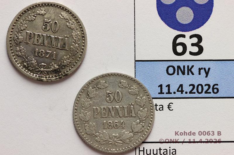 k-0063-b.jpg - Kohde 63 (kuva 2/3), l�ht�hinta: 10 &euro; / myyntihinta: 14 &euro; 50 p 1864, -71 Ag, SNY 315.1.1.2, 320.1.1, kunto: 3, 6