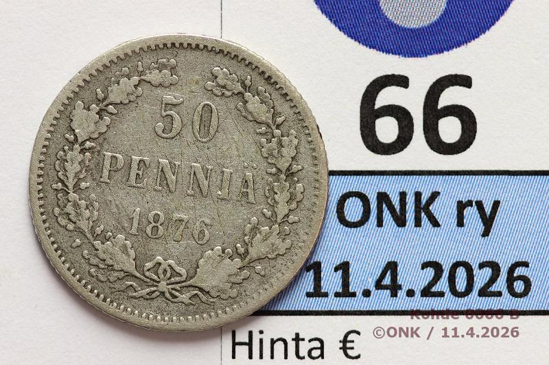 k-0066-b.jpg - Kohde 66 (kuva 2/2), l�ht�hinta: 3000 &euro; / myyntihinta: 3300 &euro;  50 p   1876   Ag, prv, eritt�in harvinainen! , kunto:  3/4 