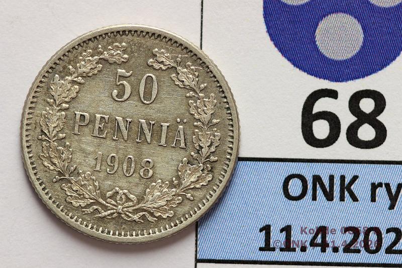 k-0068-b.jpg - Kohde 68 (kuva 2/2), l�ht�hinta: 10 &euro; / myyntihinta: 10 &euro; 50 p 1908 Ag, arvop. hieman patinaa, kaunis!, kunto: 8